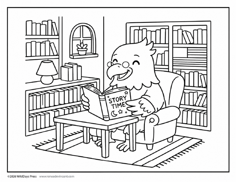 Cozy library scene: a smiling cartoon animal reads a book in an armchair beside a table and bookshelf.