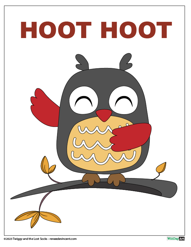 Cute cartoon owl with gray body and red wings perched on a branch, waving with text 