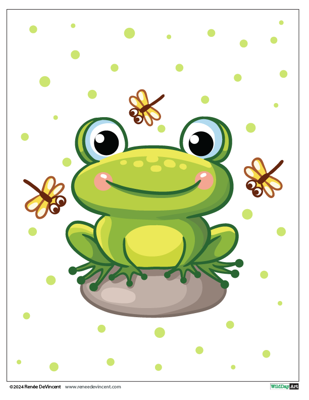 Green cartoon frog sitting on a rock, with dragonflies, against a dotted background.