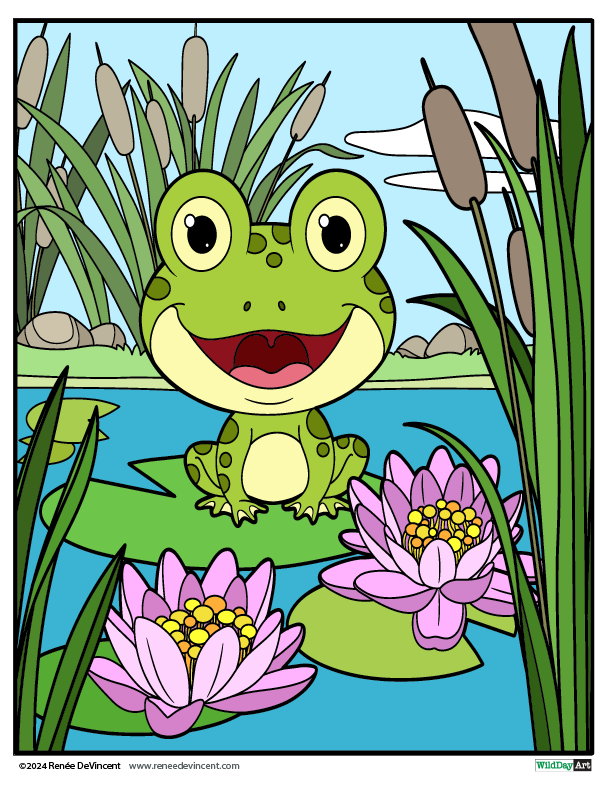 Smiling green frog on lily pad, surrounded by plants and pink water lilies.