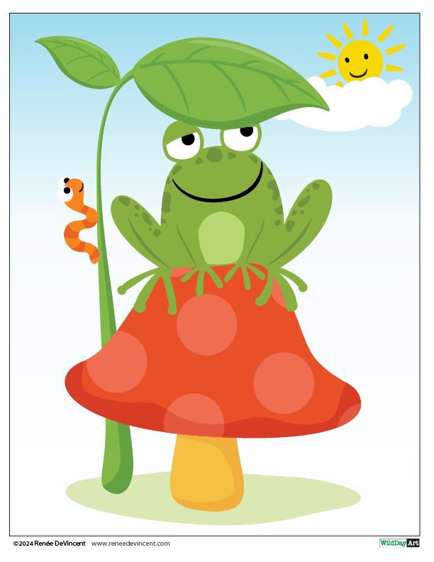 Green frog on red mushroom, worm, sunny sky.
