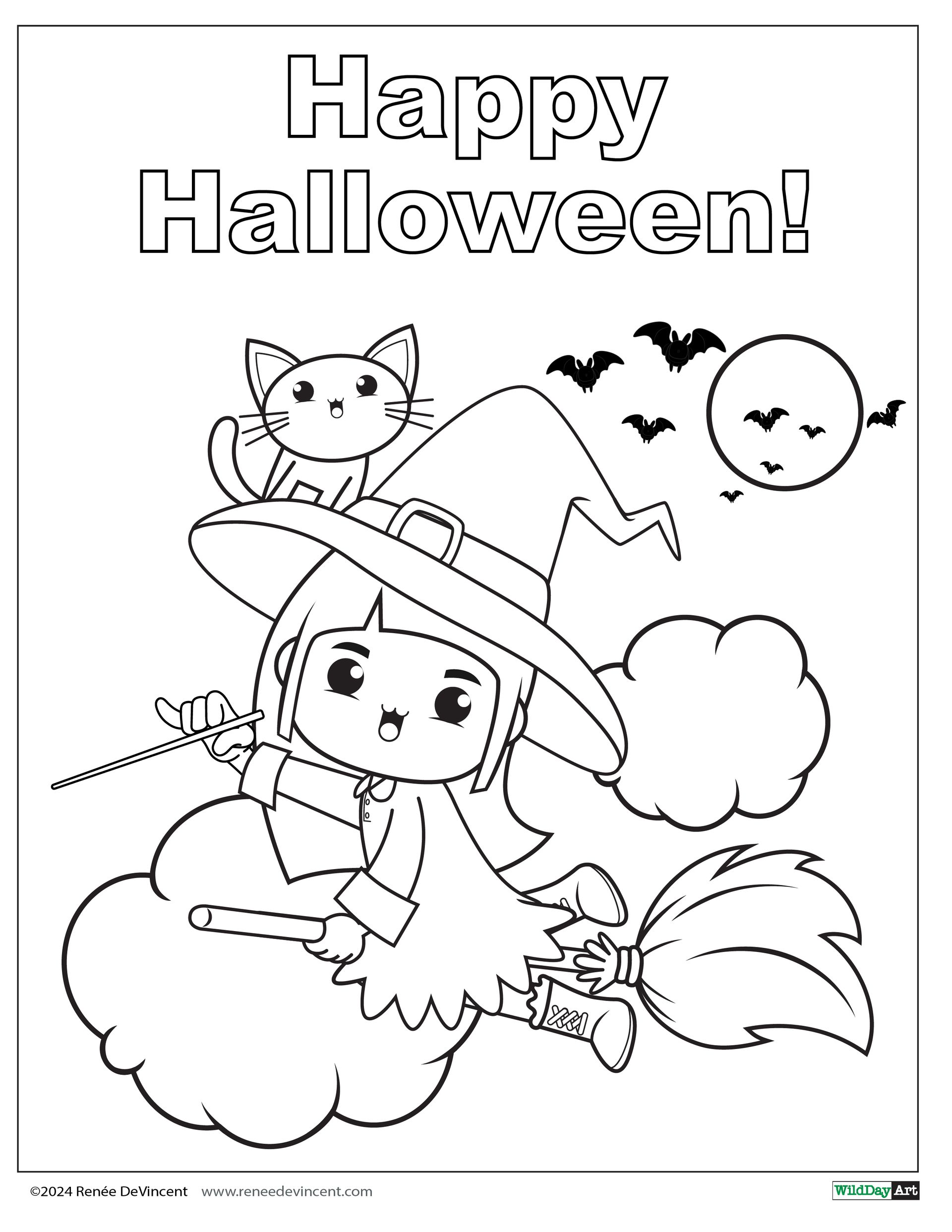 Coloring page: witch on a broom with a cat, moon, bats, and cloud. Text reads 