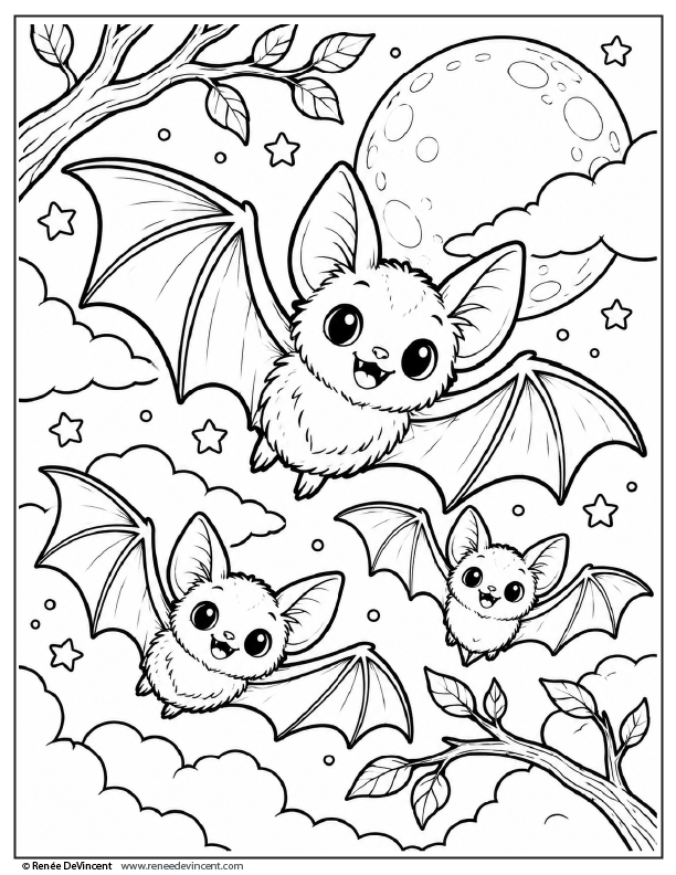 Coloring Page-Three smiling cartoon bats flying under a moon with stars and clouds