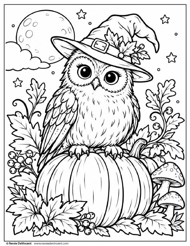 Halloween owl wearing a witch hat sits on a pumpkin with moon, stars, and autumn leaves.