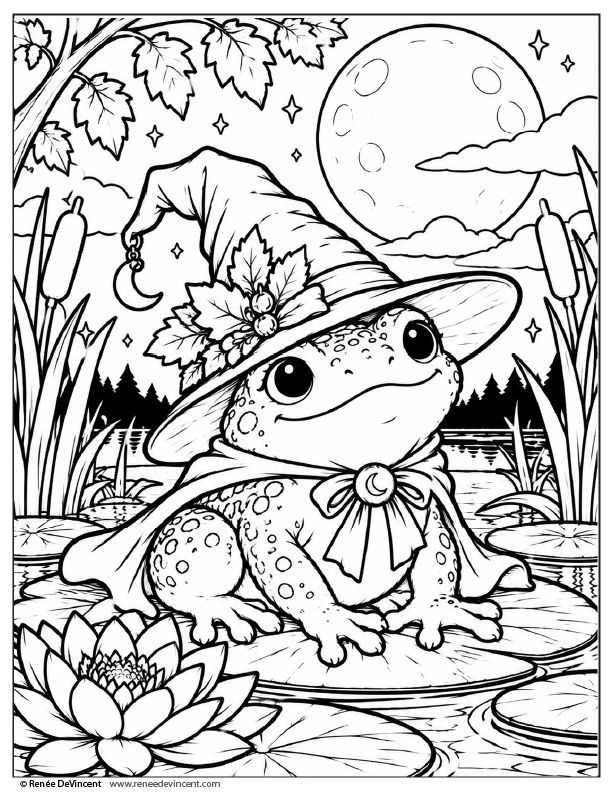 Coloring Page-Cute frog in a wizard hat sitting by a pond under a moonlit sky with flowers and cattails