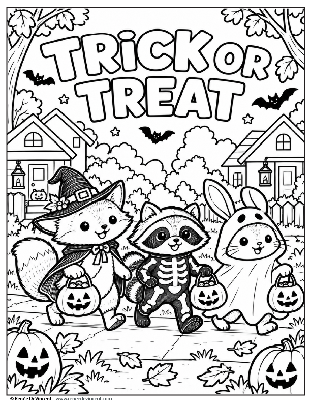 Cute Halloween coloring page with three trick-or-treating animals under “TRICK OR TREAT” text and pumpkins