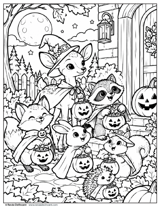 Halloween coloring page with woodland animals holding jack-o'-lanterns under a full moon.