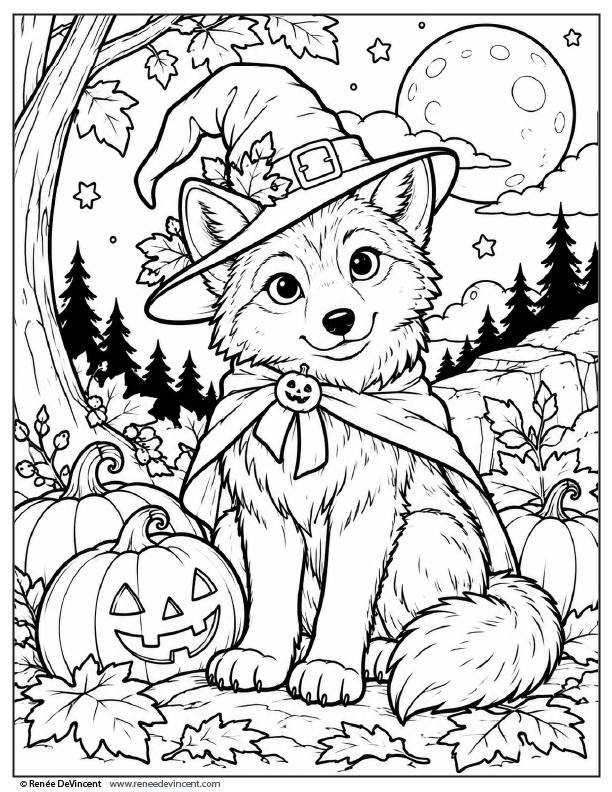 Fox in a witch hat with a jack-o'-lantern, pumpkins, and a full moon in a Halloween forest scene
