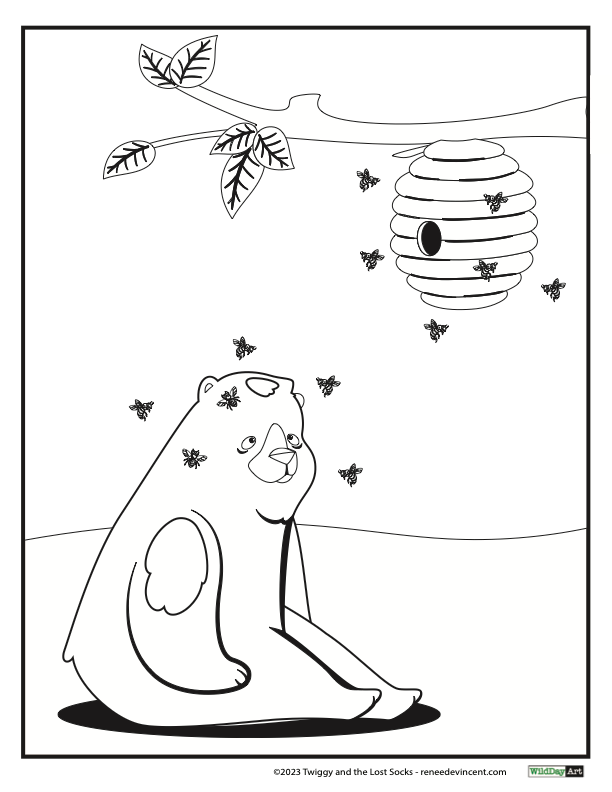 Bear sitting, looking up at a beehive on a tree branch, with flying bees.