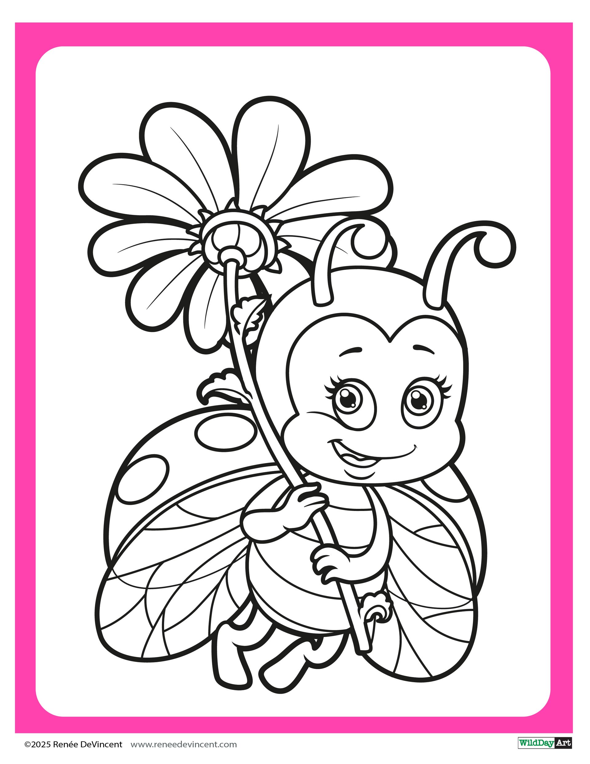 Ladybug holding a flower, smiling. Coloring page with pink border.