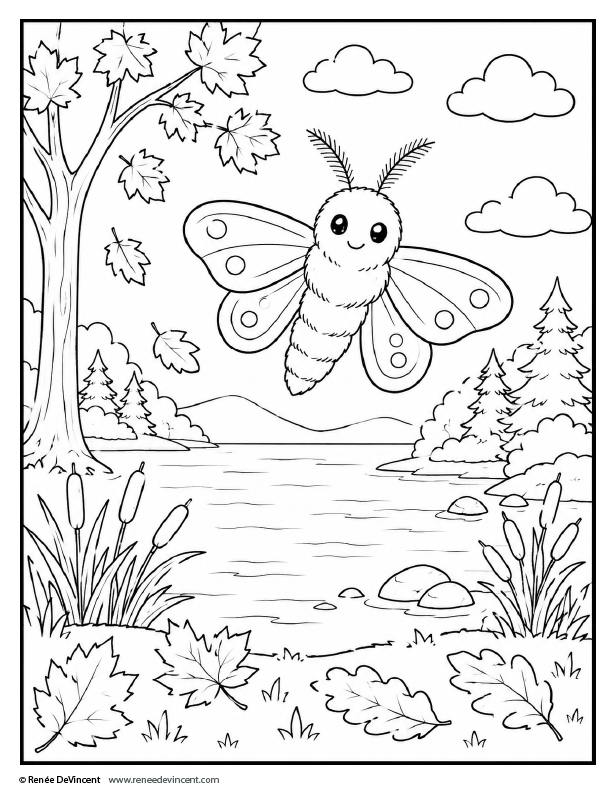 coloring page-Smiling moth with patterned wings over a calm lake in a park, with trees, flowers, and clouds.