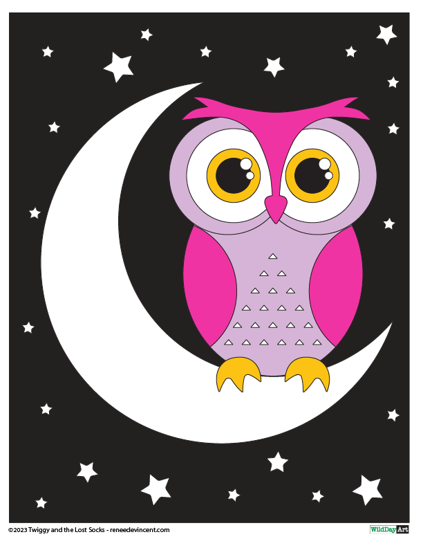 Pink owl with yellow eyes perched on a crescent moon, surrounded by stars, against a black background.