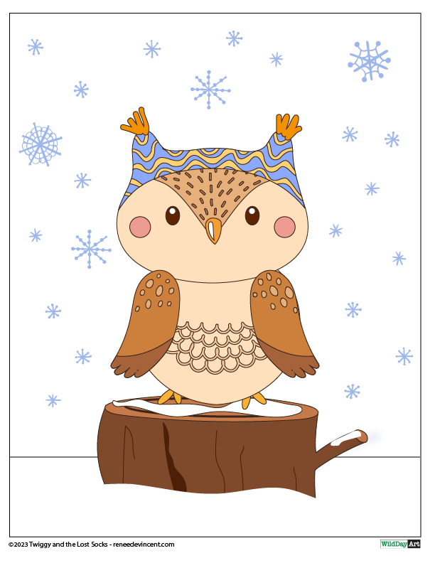 Owl with blue hat on a snowy tree stump. Snowflakes falling in white background.