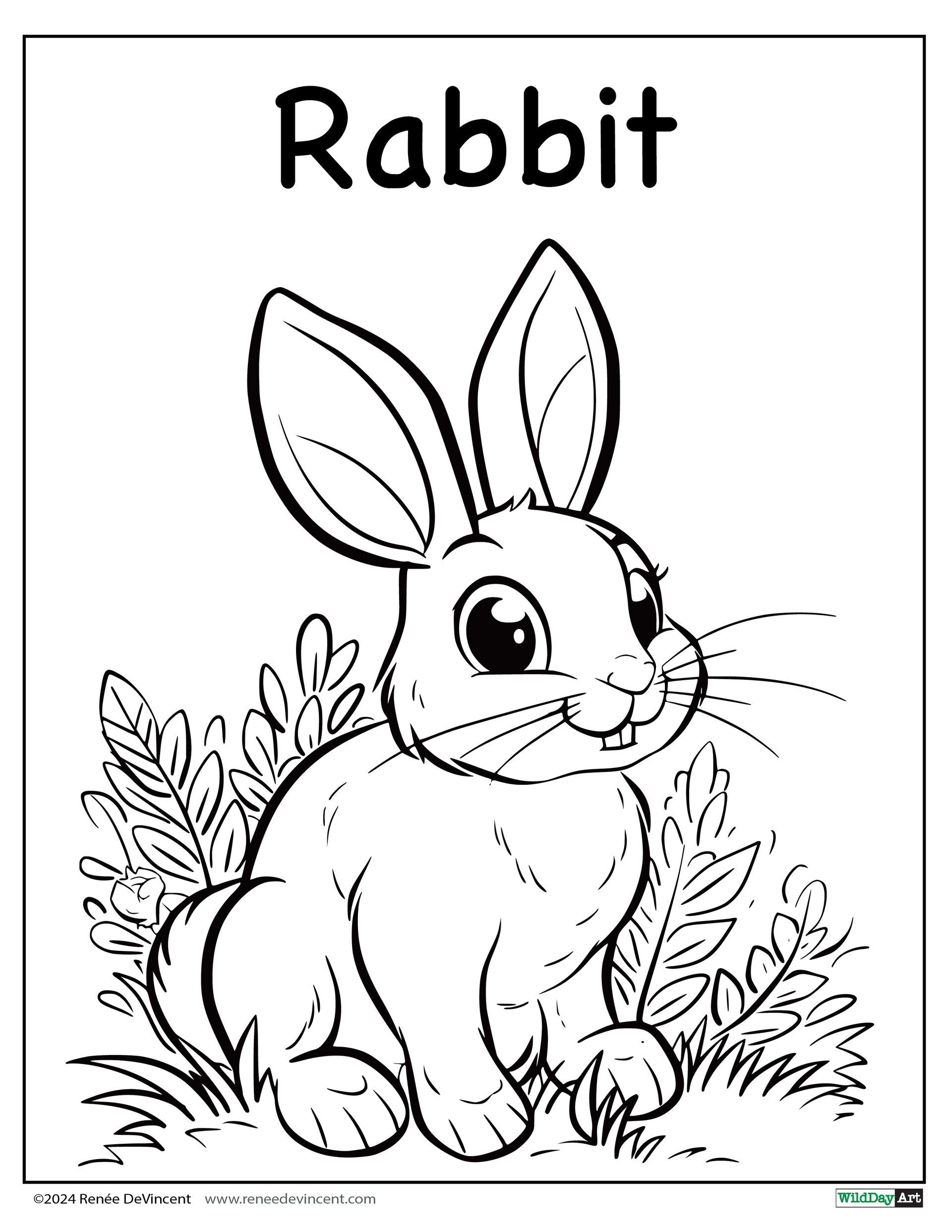 Black and white coloring page: Rabbit sitting in grass with leaves. Title: Rabbit.