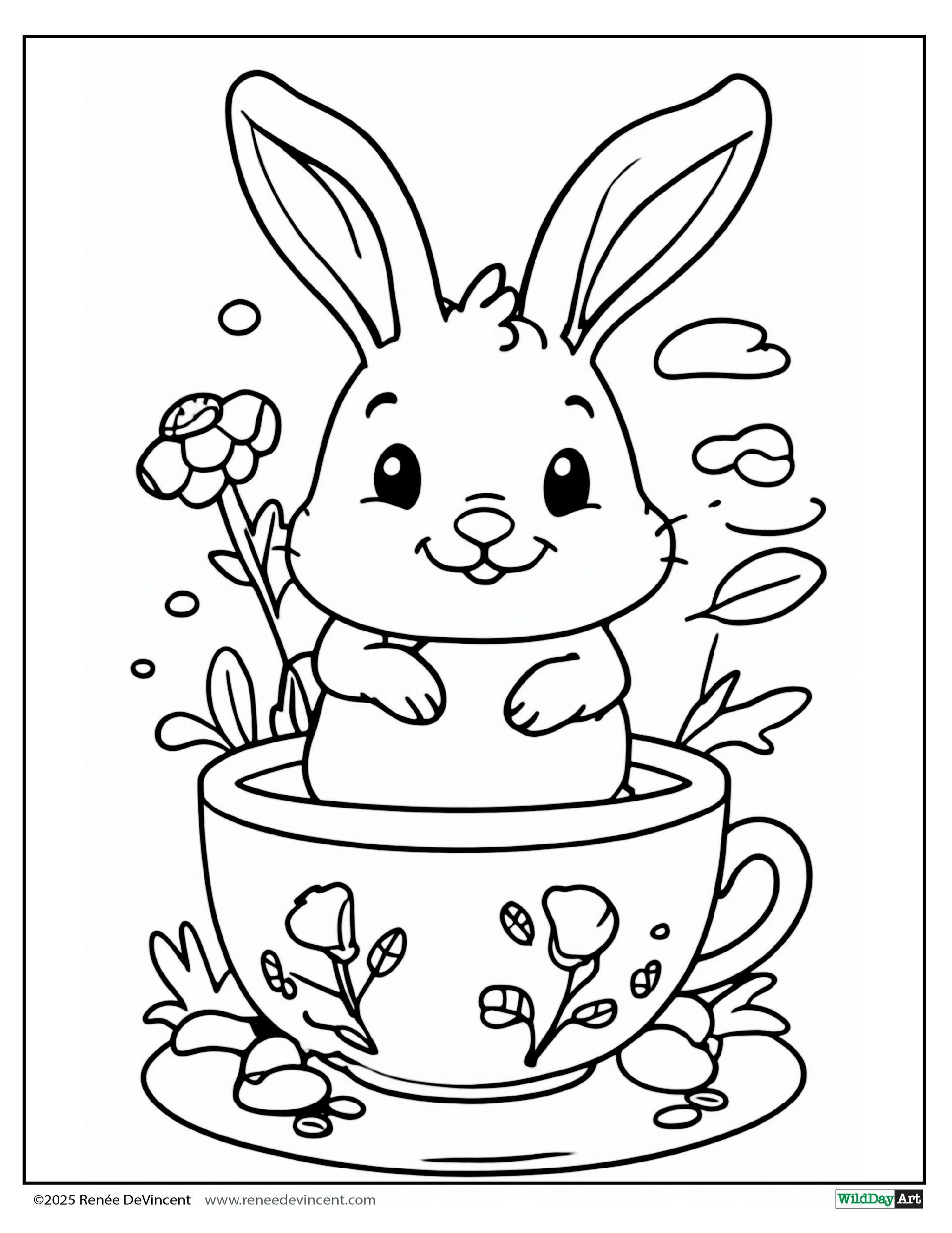 Bunny sitting in a teacup, surrounded by flowers and greenery, smiling.