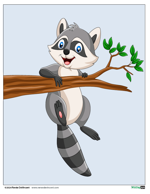 Cartoon raccoon hanging from a tree branch, smiling.