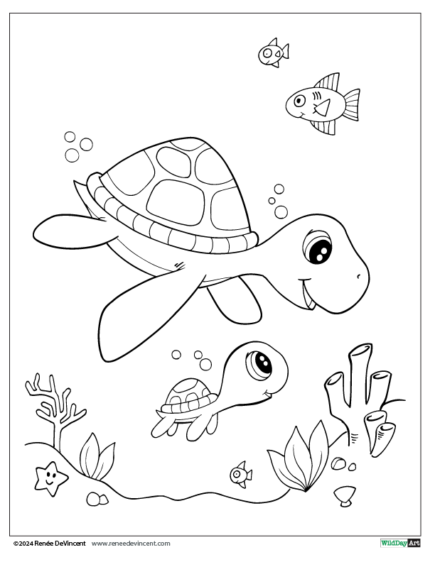 Sea turtles and fish swimming underwater.