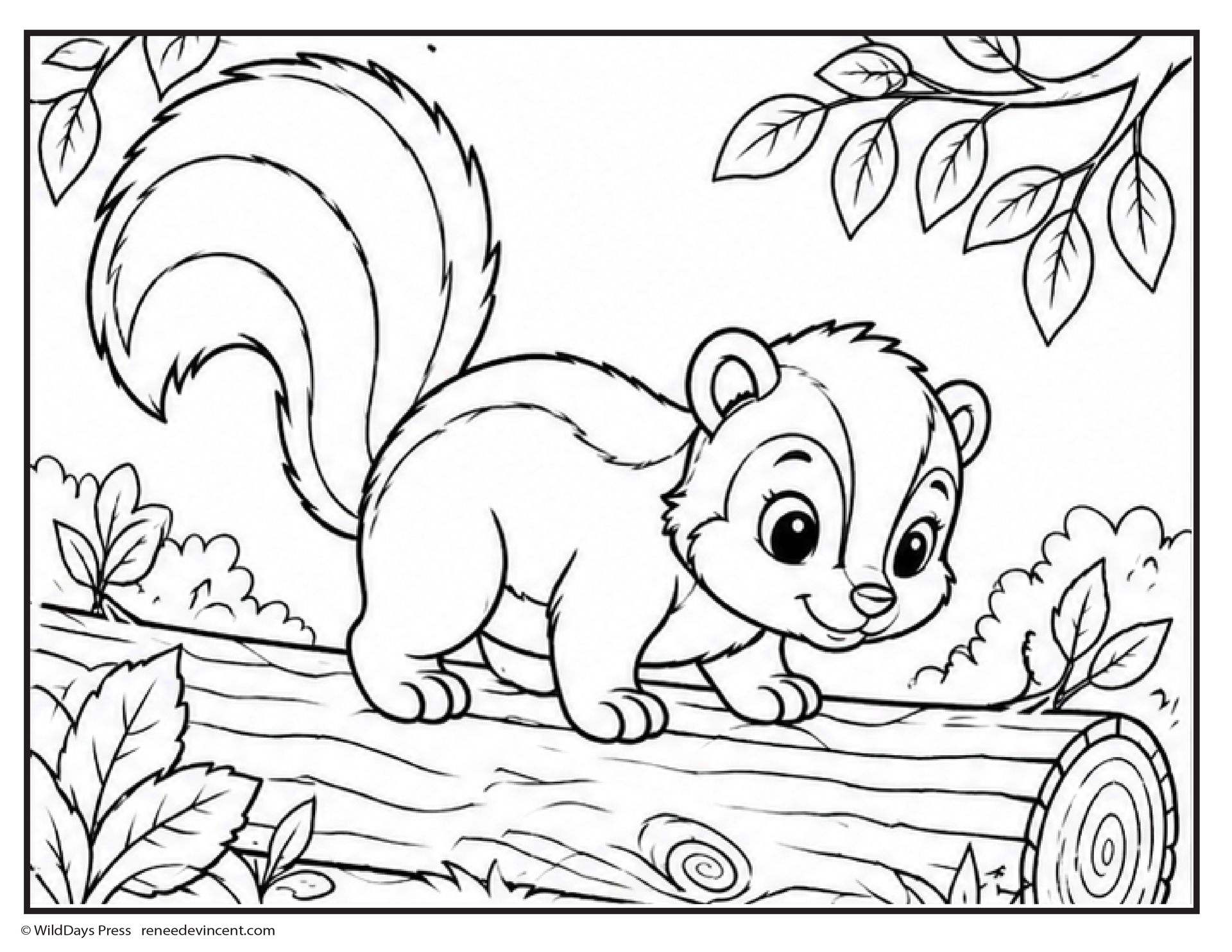 Cartoon baby skunk on a log, smiling under tree branches in a woodland scene.
