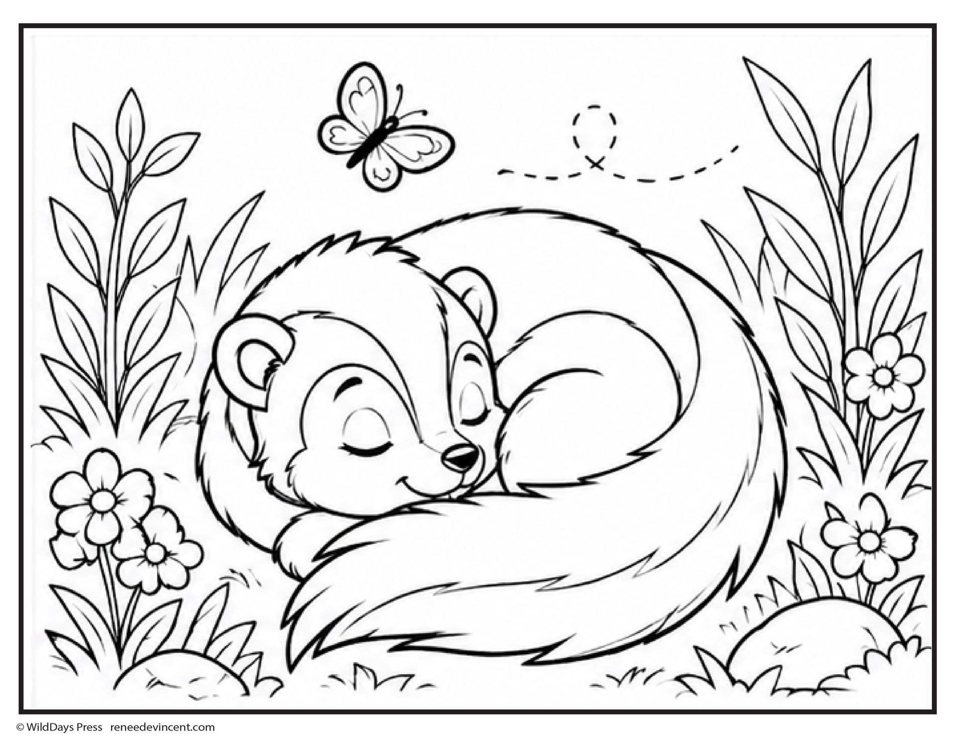 Sleeping skunk curled in a nest of leaves, with a butterfly and flowers around it