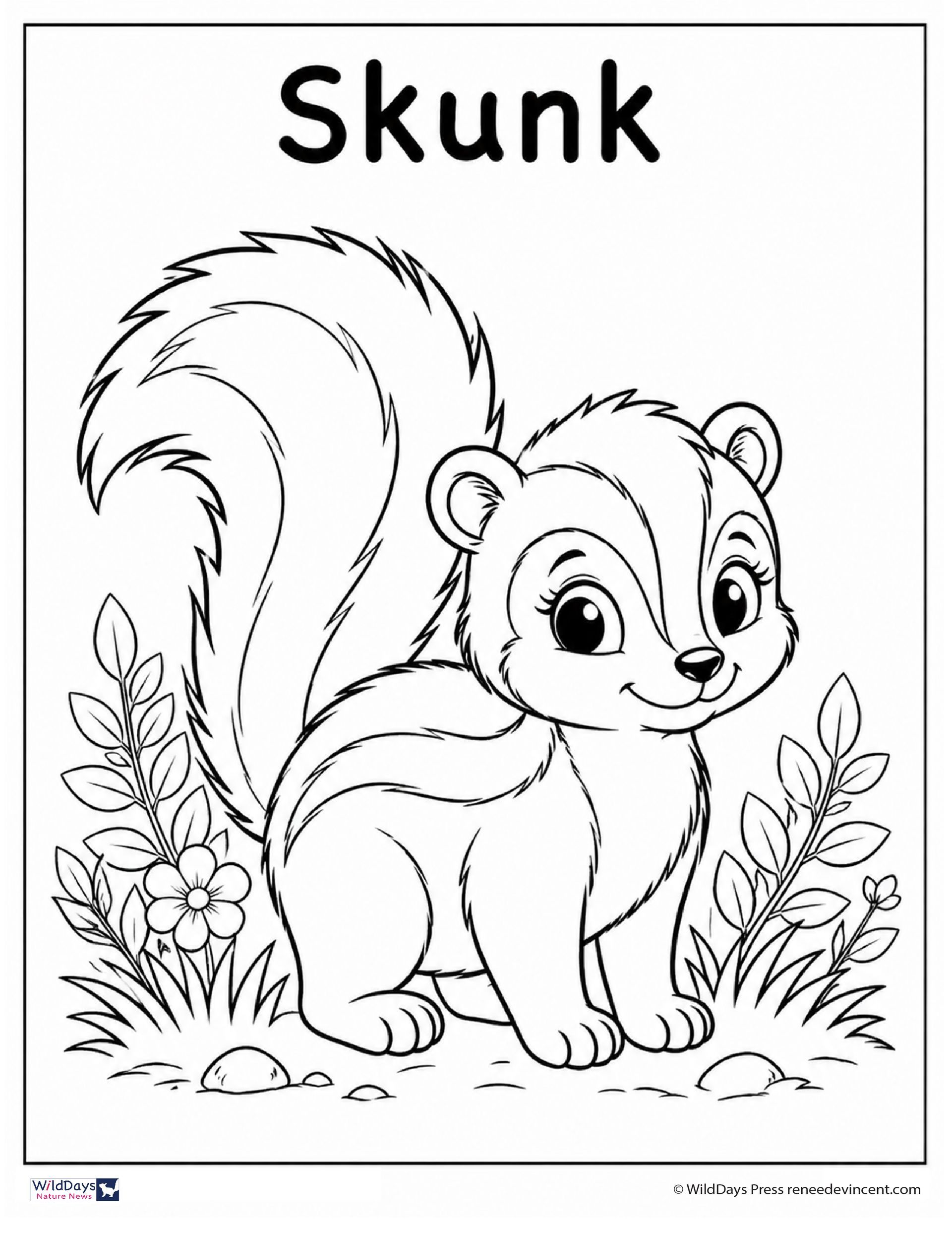 Cartoon skunk with a fluffy tail, standing among plants and rocks, labeled “Skunk” at the top.