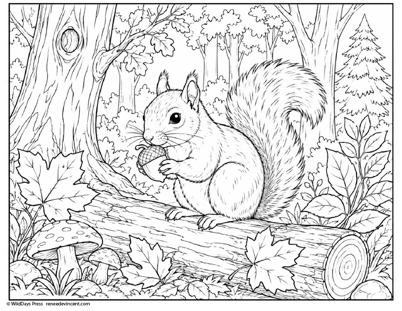 Squirrel on a log in a forest clearing, surrounded by trees, leaves, and mushrooms.