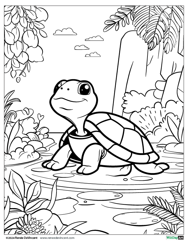 Turtle in a pond surrounded by plants and rocks; a grayscale coloring page.