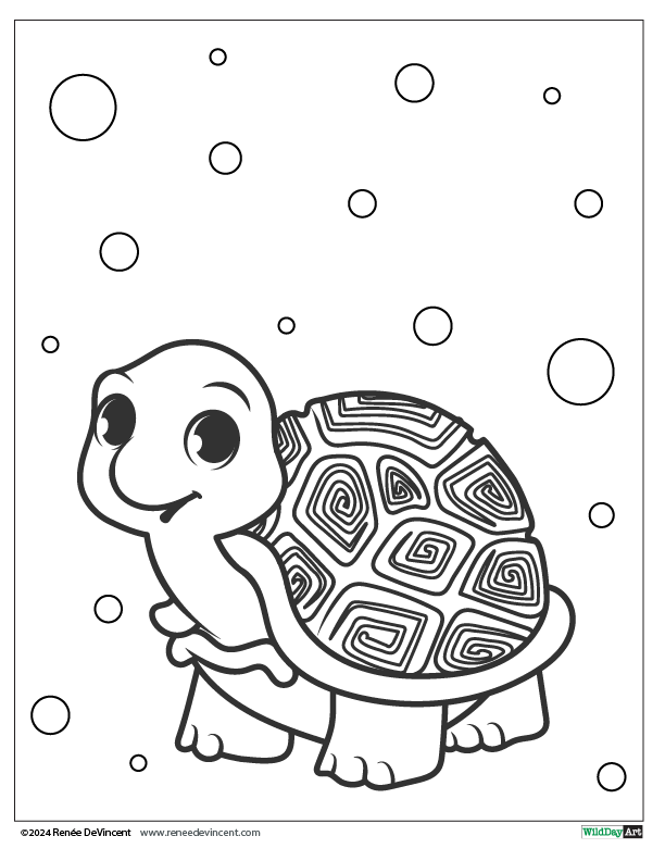 Smiling cartoon turtle with patterned shell and bubbles.