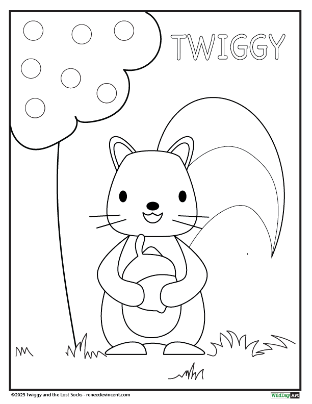 Squirrel Twiggy holding an acorn, under a tree with fruit. Coloring page.