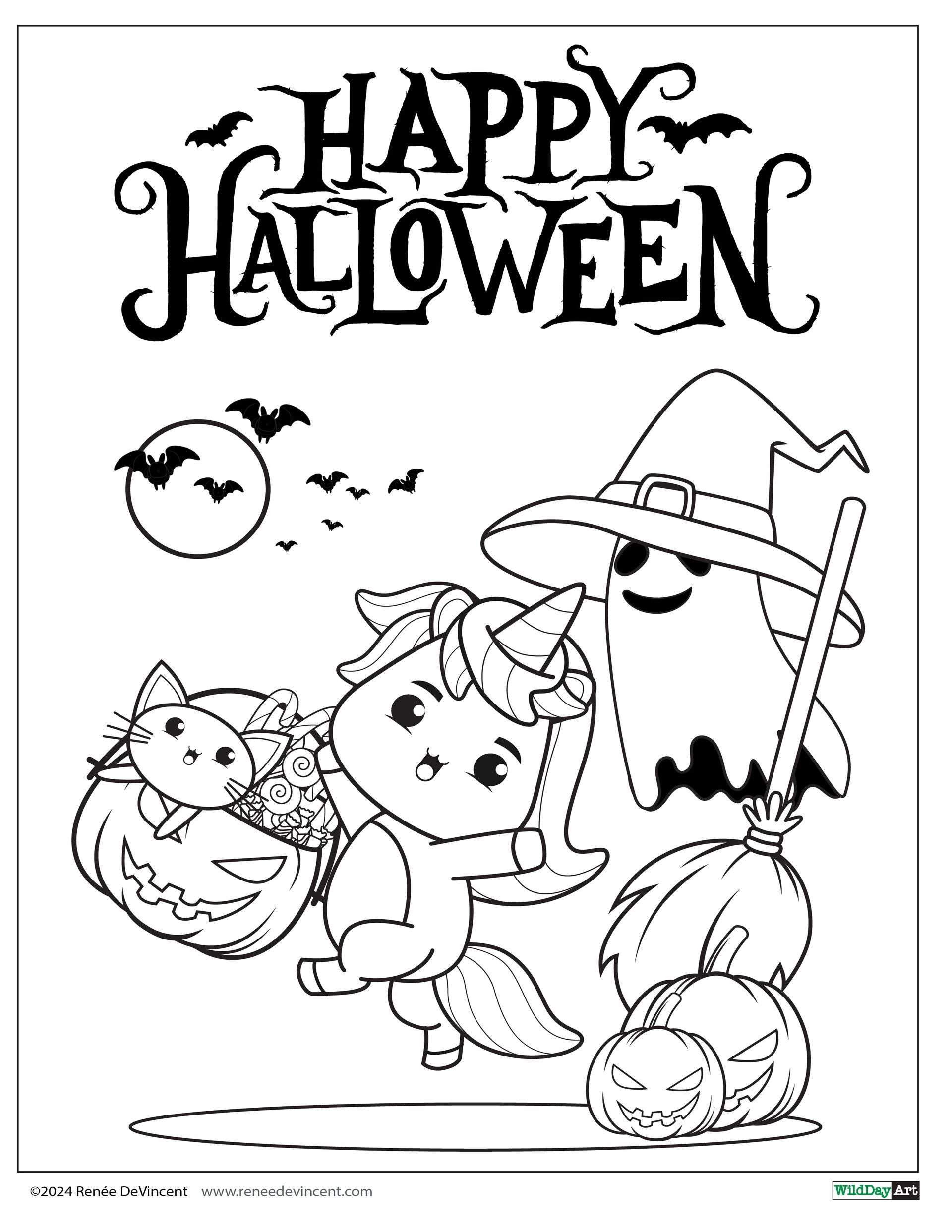 Halloween coloring page: Unicorn dancing with ghost, cat in pumpkin, bats, moon, and text 