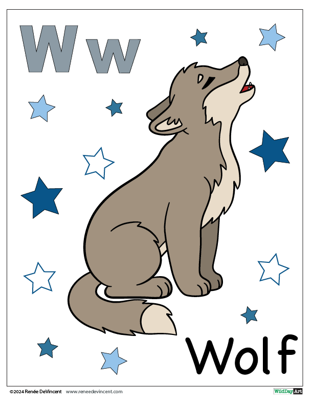 Gray wolf howling, surrounded by blue stars, next to the letter 