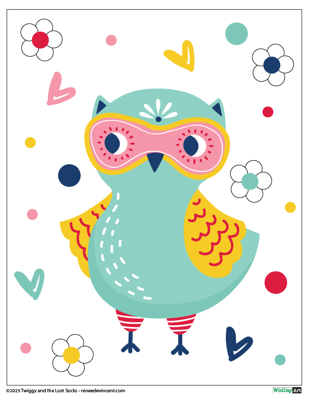 Cartoon owl with teal body and pink mask, surrounded by flowers, hearts, and dots in various colors.