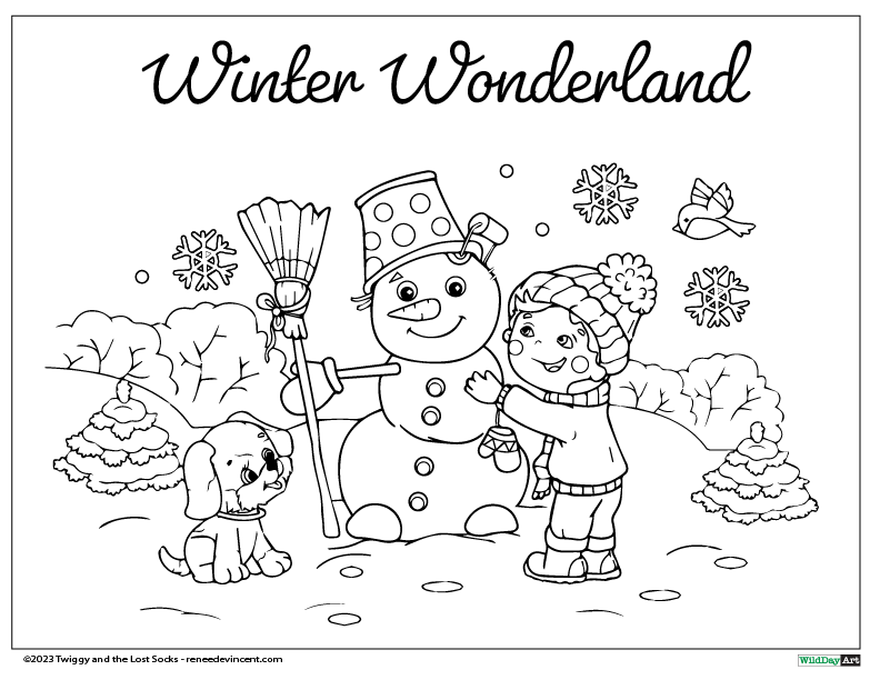 A child hugging a snowman in a snowy winter scene with a dog and snowflakes. 