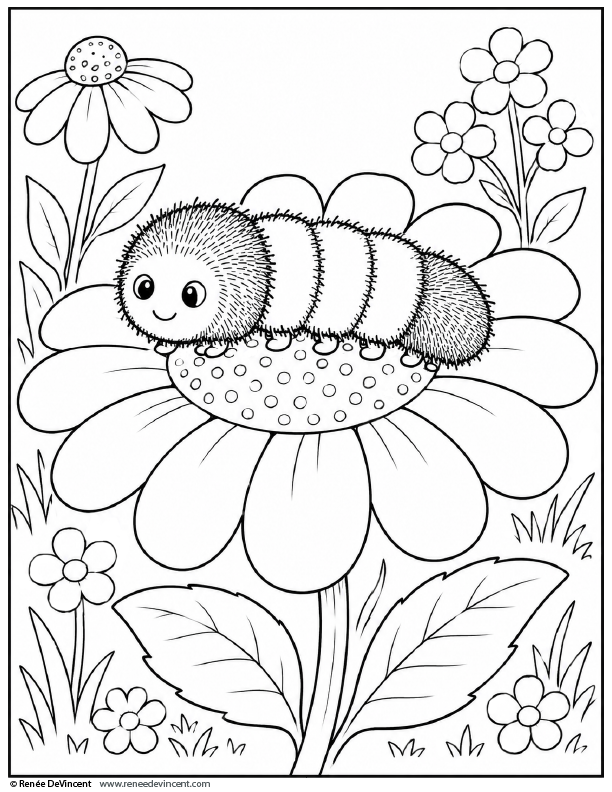 Cute caterpillar on a daisy in a black-and-white garden coloring page, surrounded by flowers and leaves
