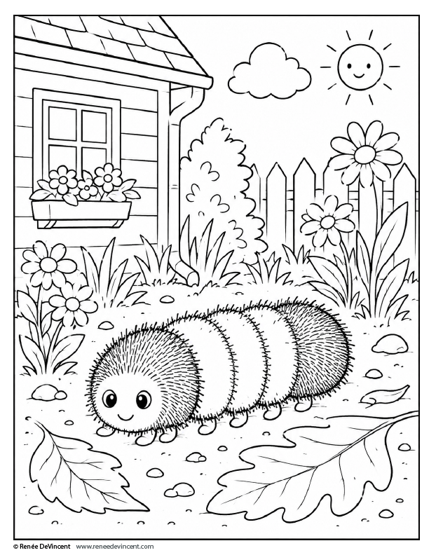 Coloring page- woolly bear in a garden near a house, flowers, leaves, and a sunny sky.
