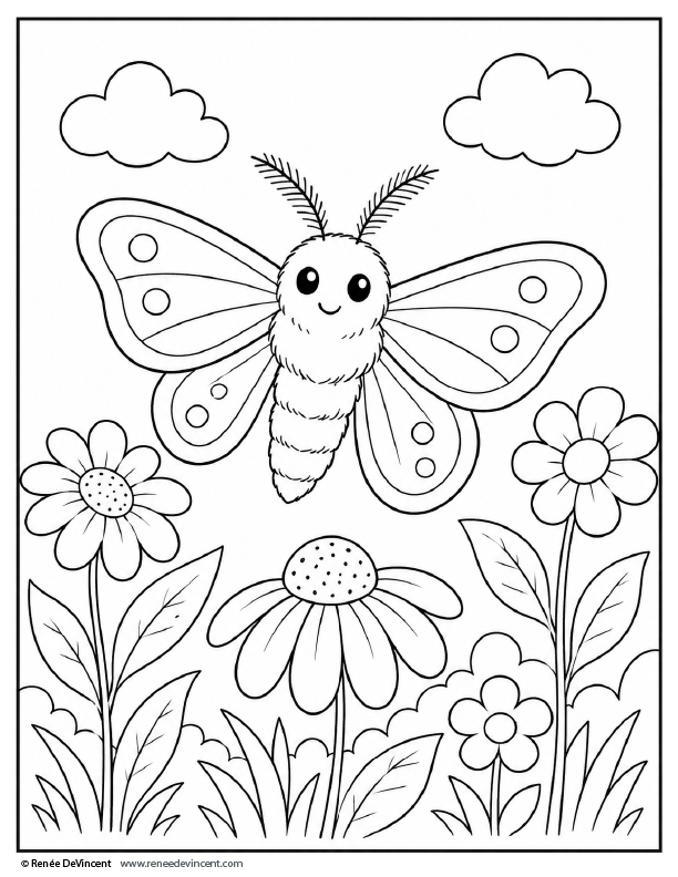 coloring page of a smiling moth over flowers and clouds