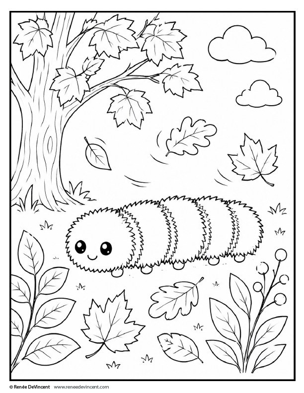 coloring page of a smiling woolly bear among leaves and trees in a breezy forest scene