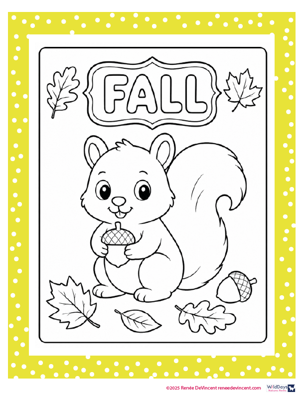 Fall coloring page with a squirrel holding an acorn, surrounded by leaves and a yellow polka-dot border.