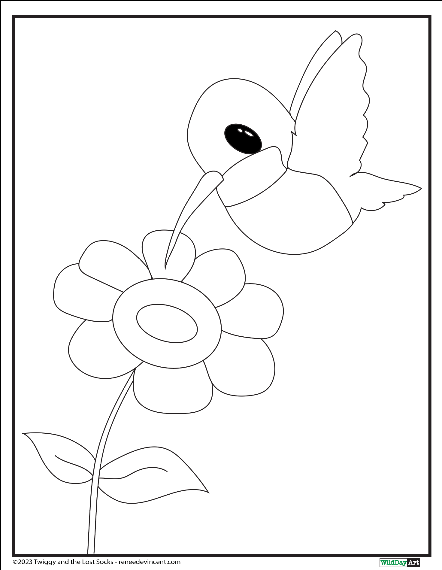 Hummingbird drinking nectar from a flower; black and white coloring page.
