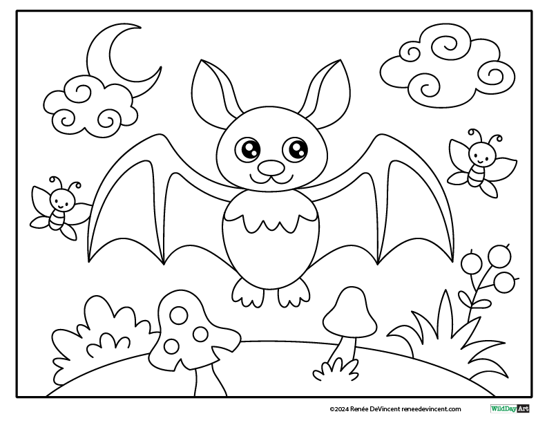 A cartoon bat with outstretched wings, surrounded by clouds, butterflies, moon, and plants.