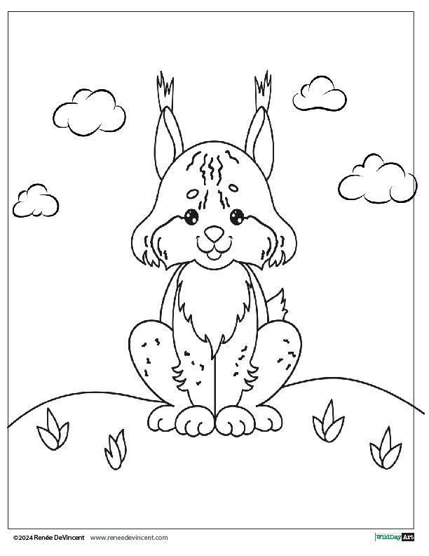Coloring page of a cartoon lynx sitting on a grassy hill with clouds in the background.