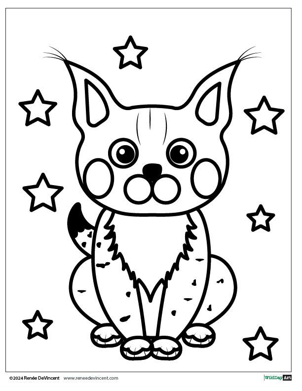 Cartoon lynx with large ears and stars, outlined for coloring.