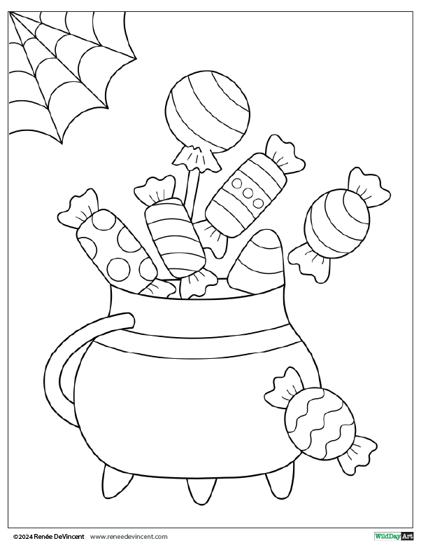 Black and white coloring page: Cauldron overflowing with wrapped candies, spiderweb above.