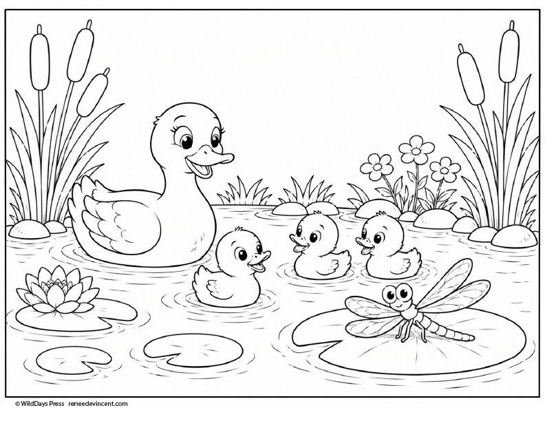 Coloring page with a family of ducks and a dragonfly on a pond.