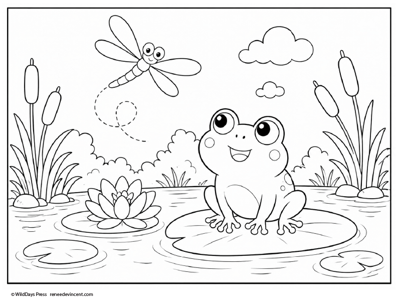 Coloring page with a frog and a dragonfly on a pond