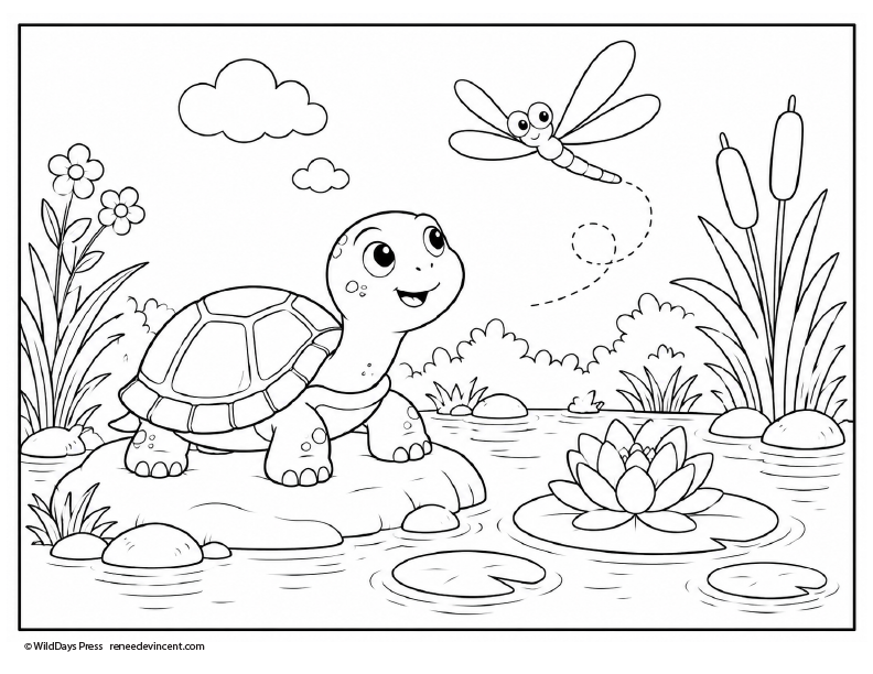 Coloring page with a turtle and dragonfly on a pond