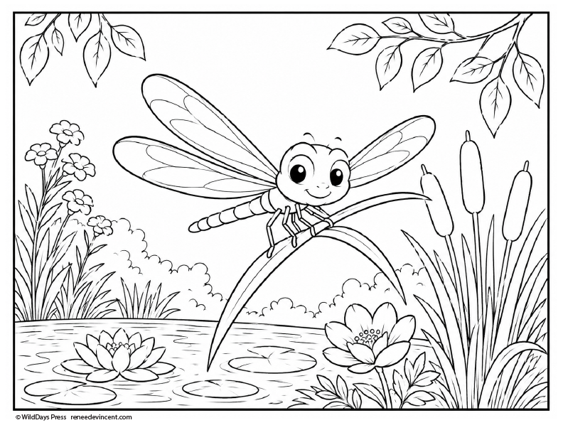 Coloring page with a dragonfly on a leaf next to a pond