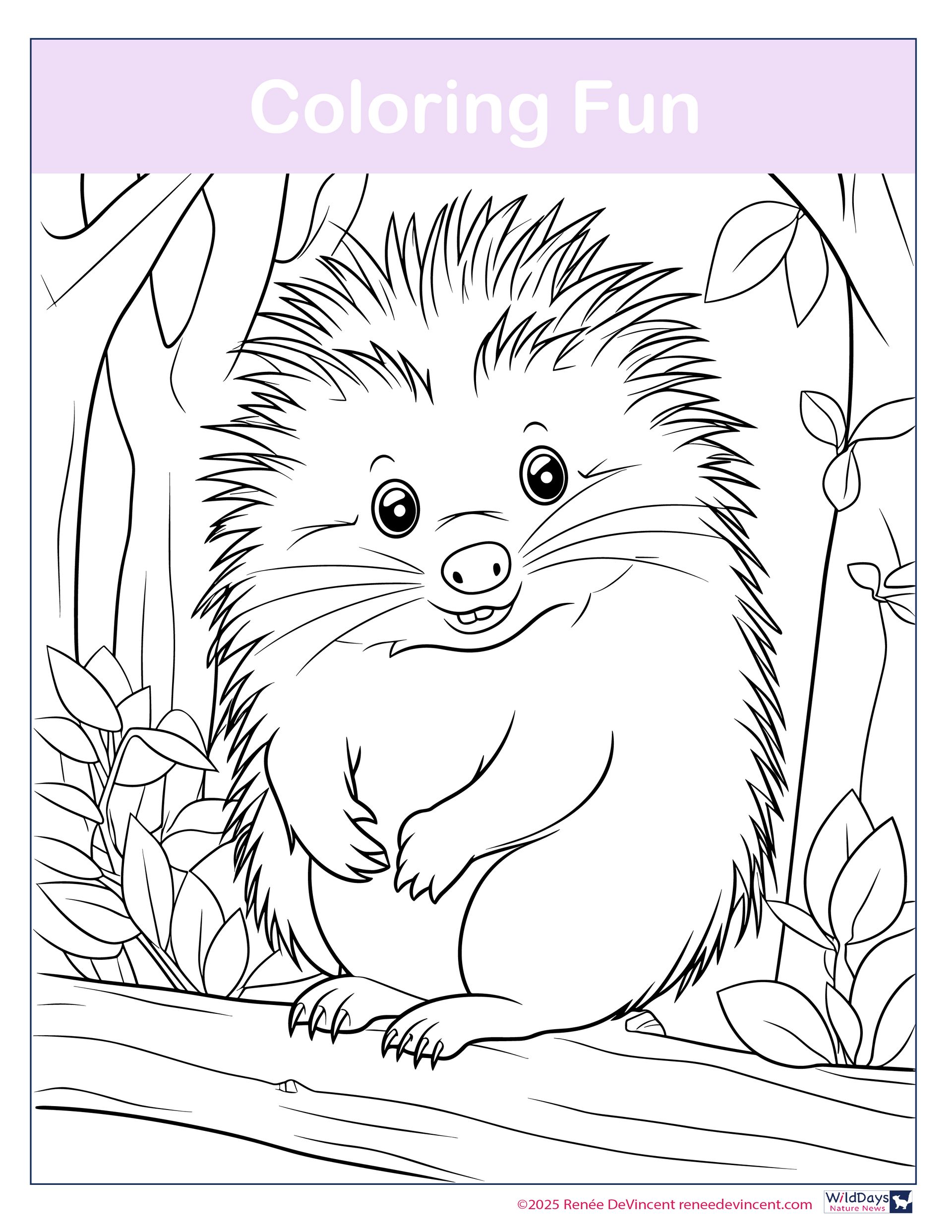 Hedgehog coloring page with leaves and trees, 