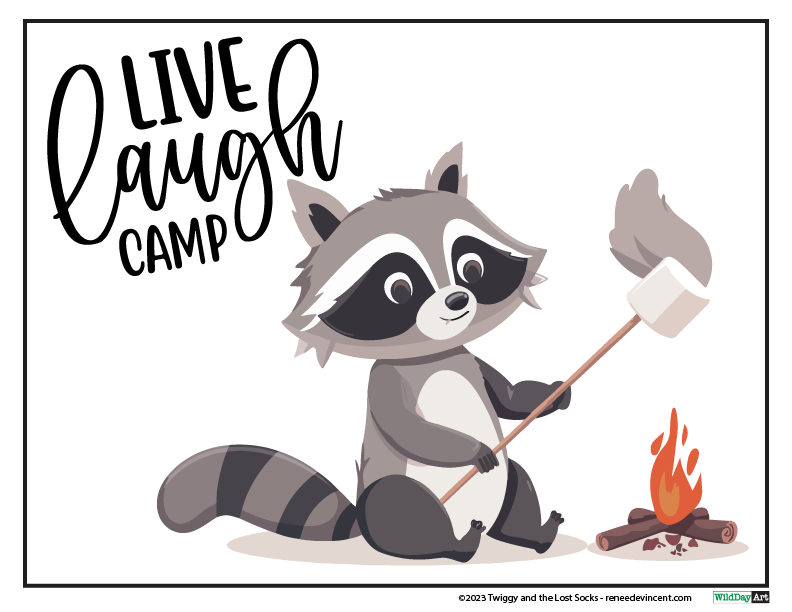 Raccoon roasting a marshmallow over a campfire; text reads 