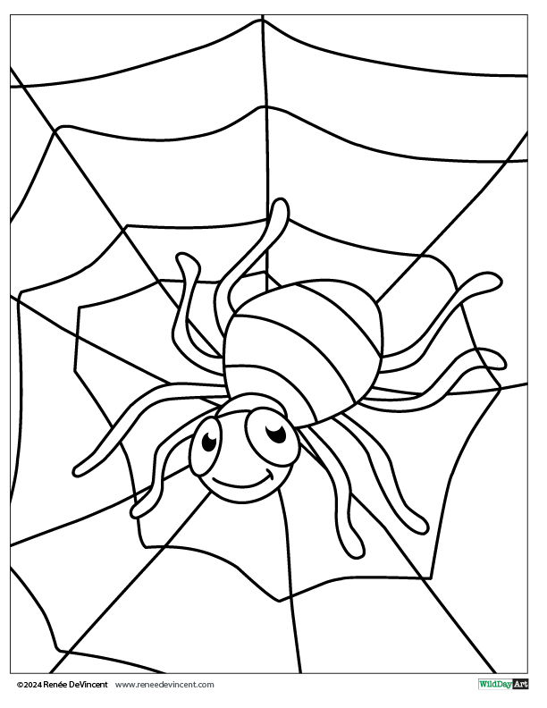 Smiling cartoon spider on its web, ready to be colored.