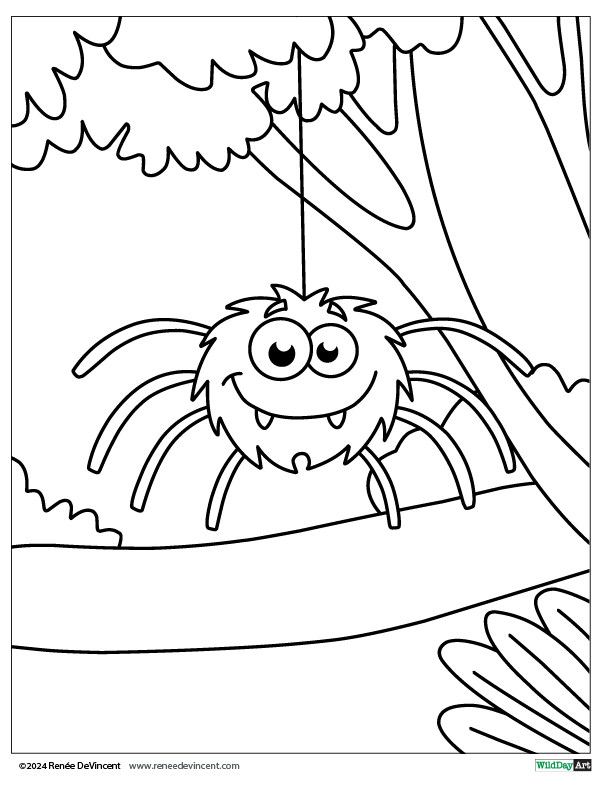 Smiling cartoon spider hanging from a tree branch.